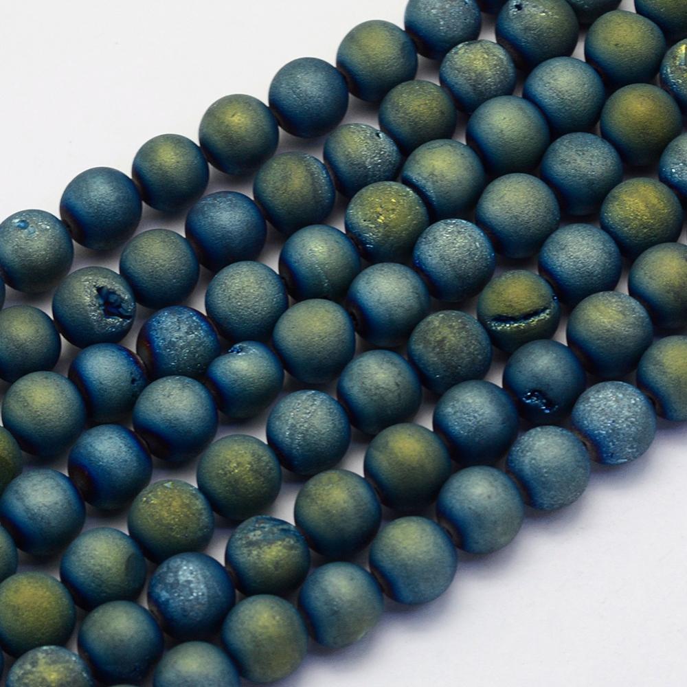 PandaHall Electroplate Natural Druzy Agate Beads Strands, Round, Frosted, Green Plated, 8mm, Hole: 1mm; about 48pcs/strand, 14.9''(38cm)...