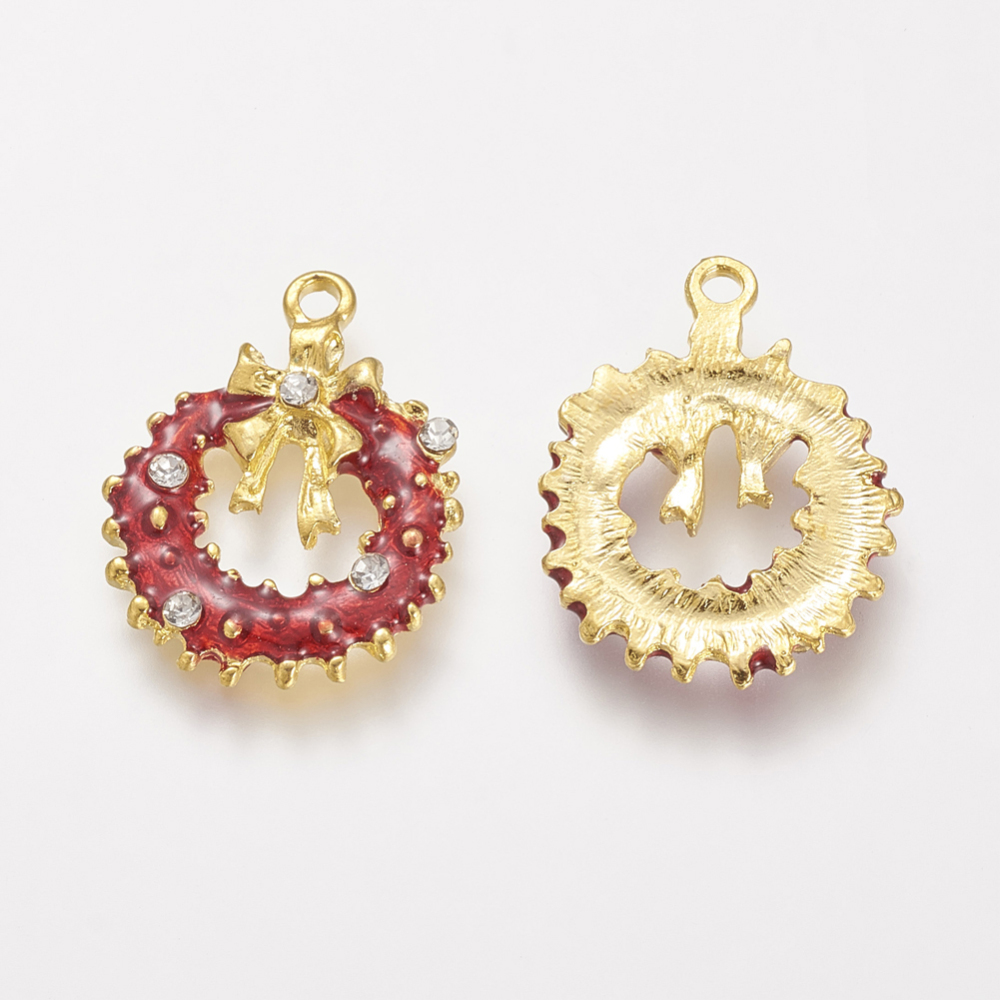 PandaHall Alloy Enamel Pendants, with Rhinestone, Christmas Wreath, FireBrick, 24x18x3mm, Hole: 2mm Alloy Rhinestone+Enamel Flower Red