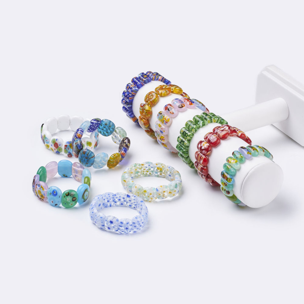 PandaHall Handmade Millefiori Lampwork Beaded Stretch Bracelets, Mixed Color, 1-3/4"~2-1/8"(48~52mm) Millefiori Lampwork Multicolor