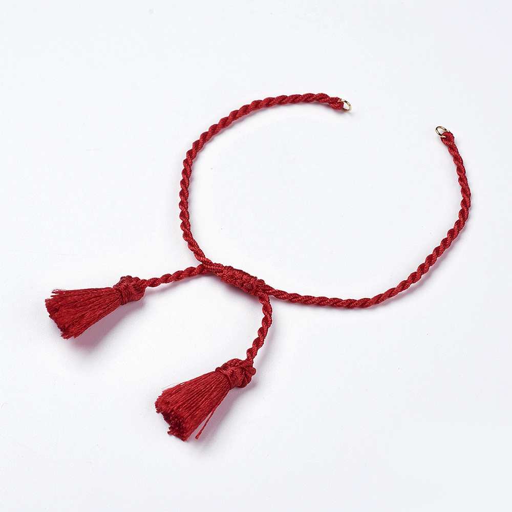 PandaHall Polyester DIY Braided Bracelet Makings, with Tassel, FireBrick, 10-7/8"(275mm), 2mm, Hole: 2mm; Tassels: 23x6mm Polyester Red