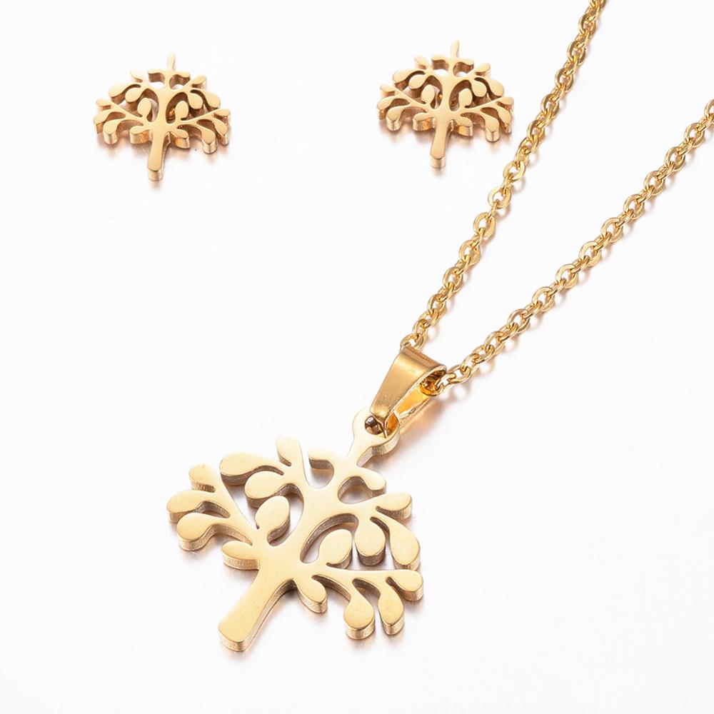 PandaHall 304 Stainless Steel Jewelry Sets, Stud Earrings and Pendant Necklaces, Tree of Life, Golden, 17.72"(45cm); 10x10x1.2mm, Pin: 0.8mm...