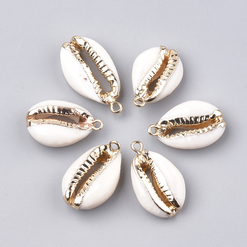 PandaHall Electroplate Freshwater Shell Pendants, with Iron Findings, Golden, FloralWhite, 23~28x15x6~8mm, Hole: 1.6mm Freshwater Shell...