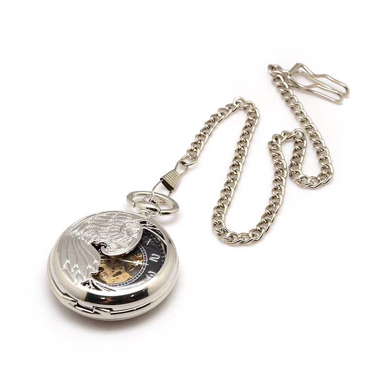 PandaHall Steampunk Jewelry Alloy Flat Round Pendant Mechanical Pocket Watches, with Iron Twisted Chains, Platinum, 435mm Alloy