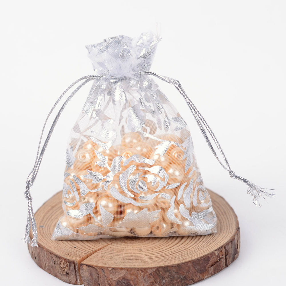 PandaHall Rose Printed Organza Bags, Gift Bags, Rectangle, White, 9x7cm Organza Rectangle White