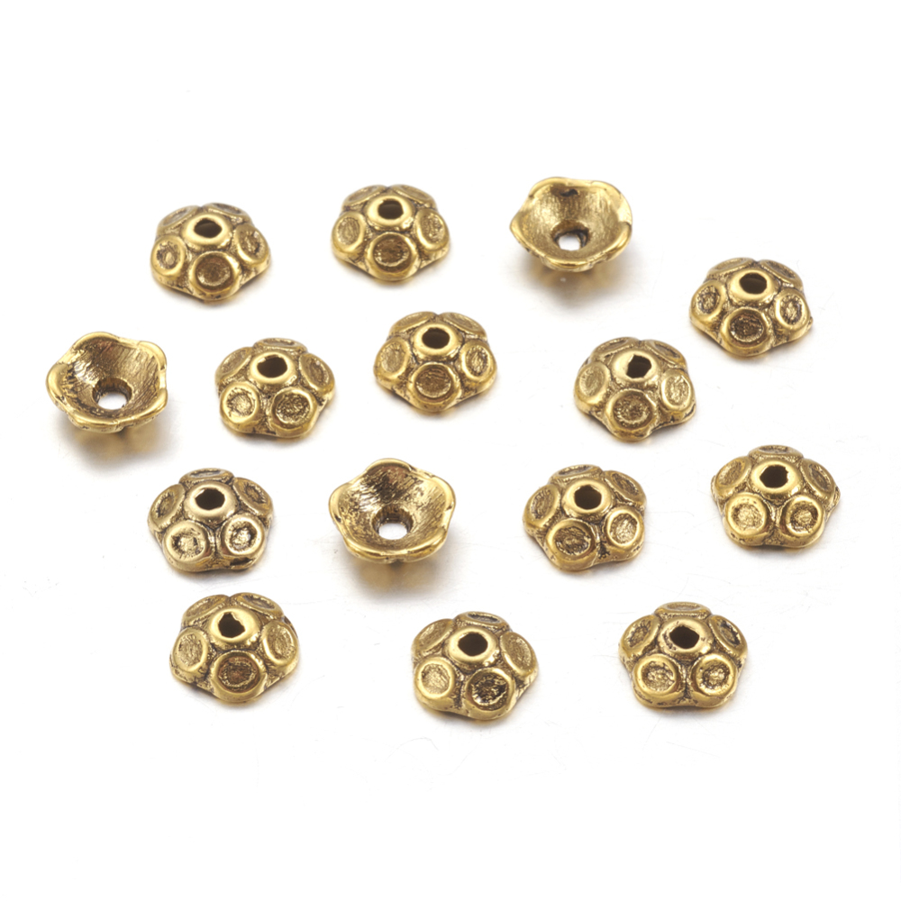 PandaHall Tibetan Style Bead Caps, Lead Free & Cadmium Free, Antique Golden Color, about 7mm long, 7mm wide, 3mm thick, hole: 1mm Alloy