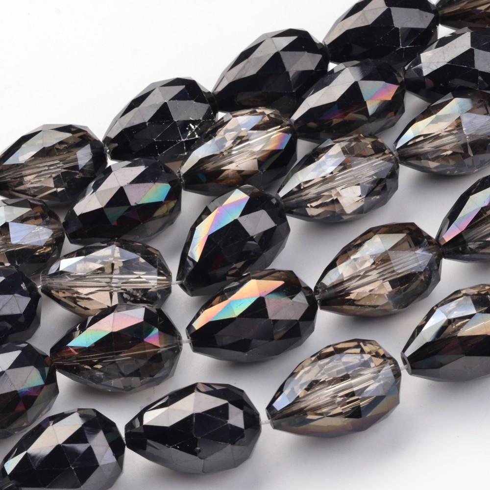 PandaHall Electroplate Glass Bead Strands, Half Plated, Faceted, Drop, Black Plated, 25x18mm, Hole: 2mm; 8pcs/strand, 8"(21cm) Glass Drop