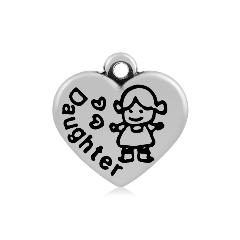 PandaHall Heart with Word Daughter 316 Stainless Steel Pendants, Antique Silver, 16x16.5x4mm, Hole: 2mm Stainless Steel Heart