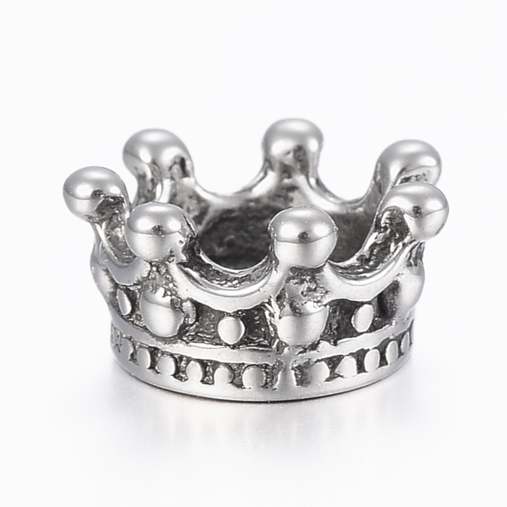 PandaHall 304 Stainless Steel European Beads, Large Hole Beads, Crown, Antique Silver, 11x6mm, Hole: 5mm Stainless Steel Crown
