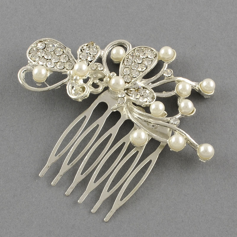 PandaHall Wedding Bridal Decorative Hair Accessories, Butterfly Alloy Rhinestone Hair Combs, with Iron Finddings and ABS Plastic Beads...
