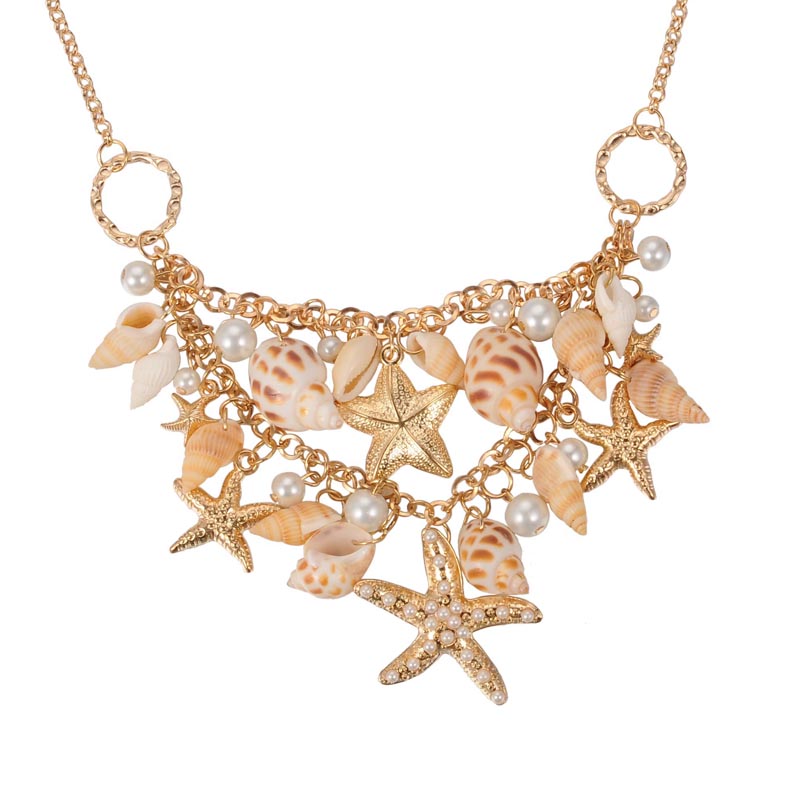 PandaHall Trendy Natural Shell Bib Beach Necklaces, Starfish and Conch Pendants, with Iron Chains and Brass Lobster Claw Clasps, Golden...