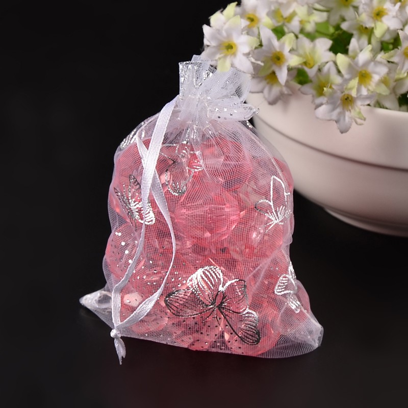 PandaHall Gift Package Organza Bags, Rectangle with Butterfly Pattern, White, 12x9cm Organza Rectangle White