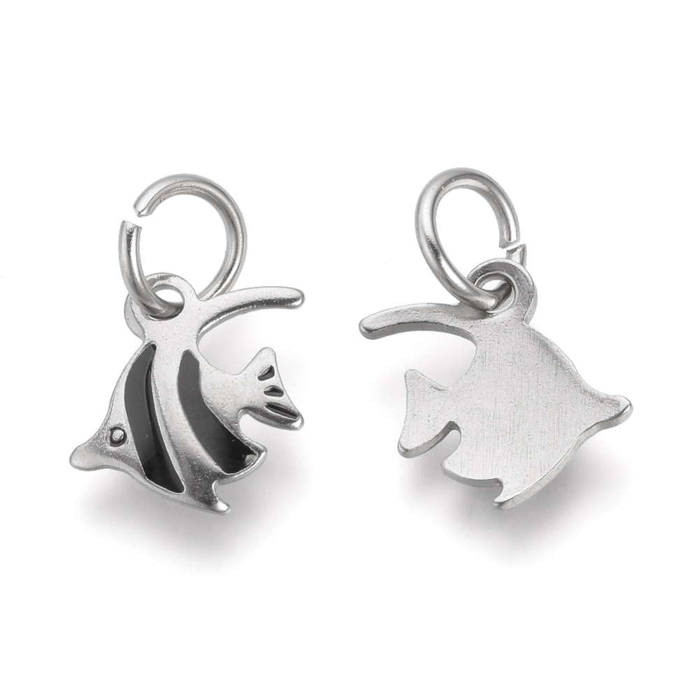 PandaHall 304 Stainless Steel Enamel Pendants, with Jump Ring, Fish, Stainless Steel Color, 12x13x1mm, Hole: 5mm Stainless Steel+Enamel Fish
