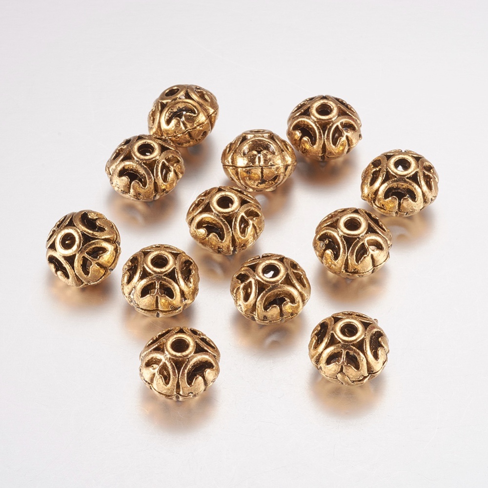 PandaHall Tibetan Style Filigree Beads, Round, Lead Free and Cadmium Free, Antique Golden, 11x10mm, Hole: 2.5mm; about 420pcs/kg Alloy Round