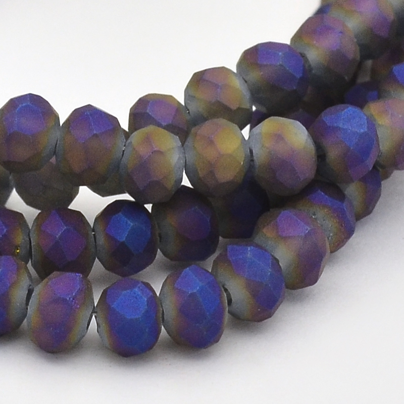 PandaHall Full Rainbow Plated Faceted Rondelle Glass Beads Strands, Frosted, Indigo, 4x3mm, Hole: 1mm; about 146pcs/strand, 18.8" Glass...
