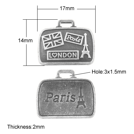 PandaHall Tibetan Style Pendants, Lead Free & Nickel Free, Suitcase, Antique Silver, 14x17x2mm Alloy Bag