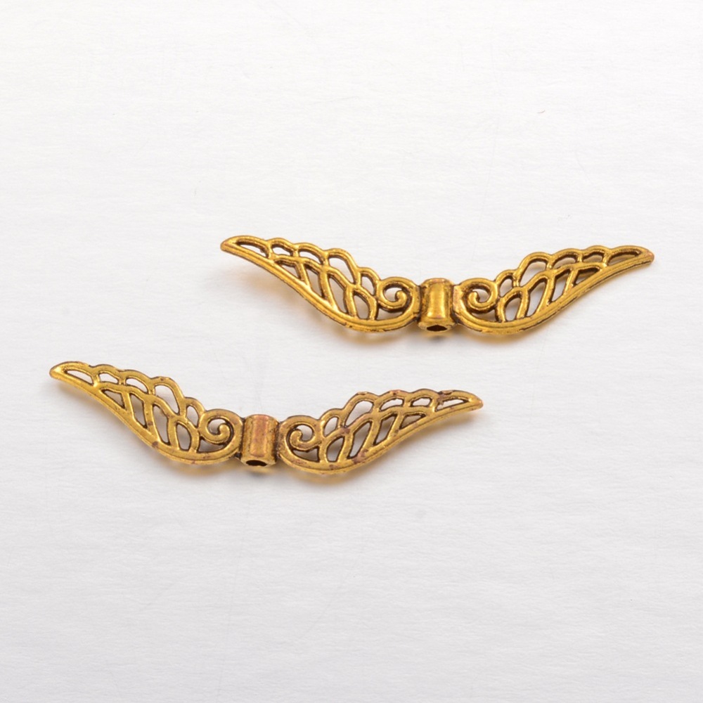 PandaHall Tibetan Style Beads, Cadmium Free & Lead Free & Nickel Free, Wing, Antique Golden, 7x32x1mm, Hole: 1mm Alloy Wing