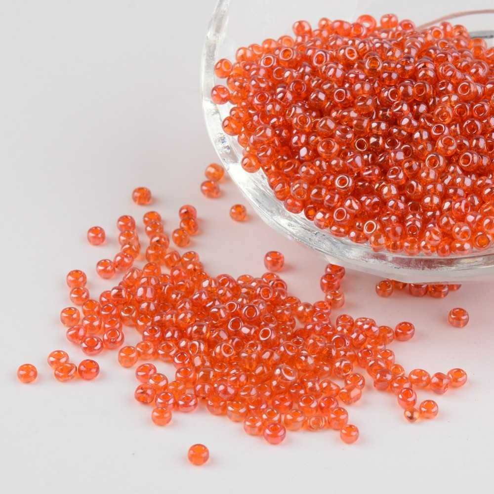 PandaHall Round Glass Seed Beads, Trans. Colours Lustered, Orange, Size: about 3mm in diameter, hole: 1mm; about 1097pcs/50g Glass Orange