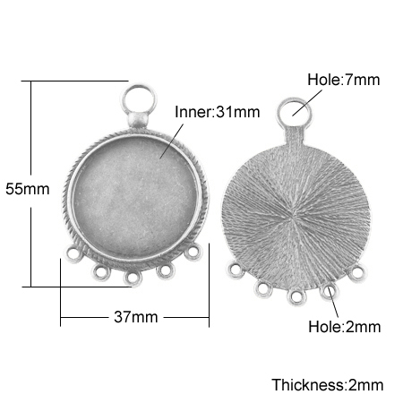 PandaHall Tibetan Style Cabochon Chandelier Links Settings, Lead Free, Flat Round, Antique Silver, 55x37x2mm, Hole: 2~7mm, Tray: 31mm Alloy...