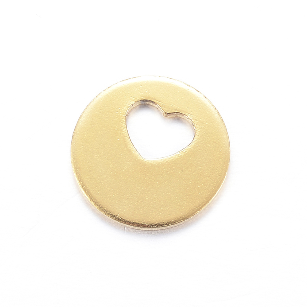 PandaHall 304 Stainless Steel Charms, Flat Round with Heart, Golden, 12.5x1mm, Hole: 4x5.5mm Stainless Steel Flat Round