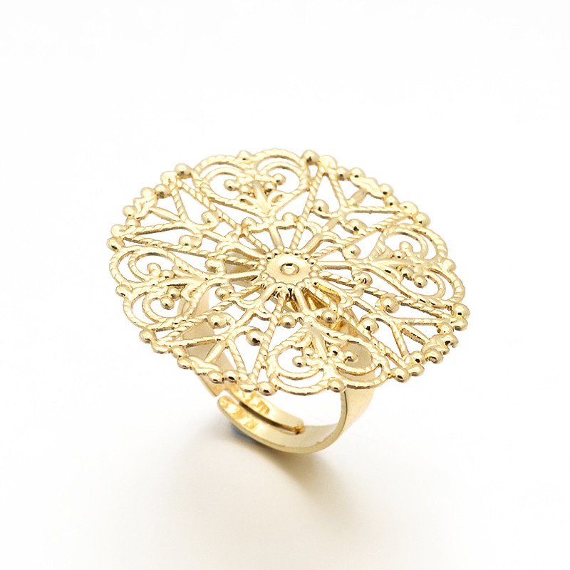 PandaHall Adjustable Brass Filigree Ring Setting Components, Flower Pad Ring Bases, Golden, 17mm; Tray: 31x0.8mm Brass