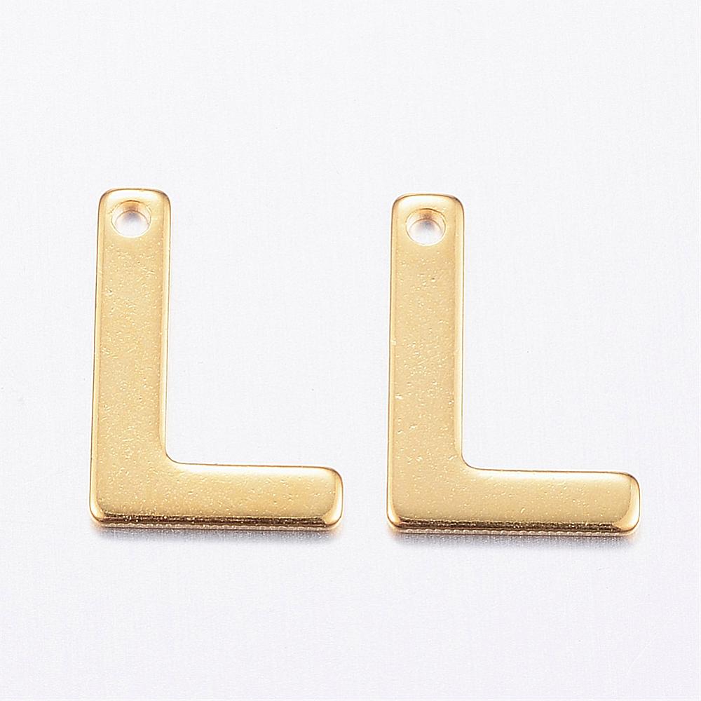 PandaHall 304 Stainless Steel Charms, Letter.L, Golden, 11x8x0.8mm, Hole: 1mm Stainless Steel Alphabet