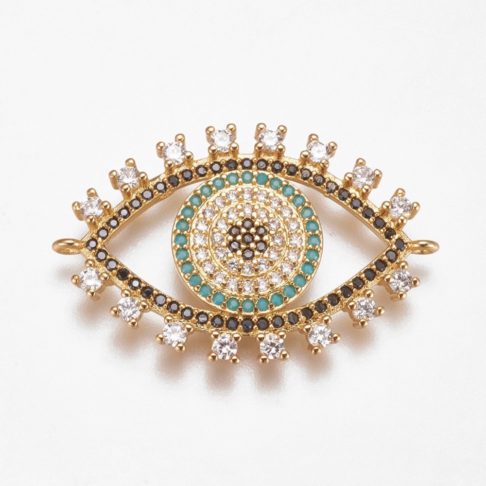 PandaHall Brass Micro Pave Cubic Zirconia Links, Eye, DeepSkyBlue, Golden, 19x30x2.5mm, Hole: 1mm Brass+Cubic Zirconia Eye Blue