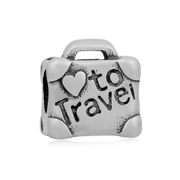 PandaHall Vintage 316 Stainless Steel European Bead, Large Hole Beads, with Word To Travel, Antique Silver, 11x11x8.5mm, Hole: 5mm Stainless...