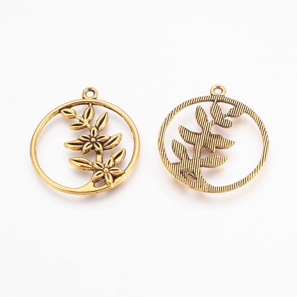 PandaHall Tibetan Style Pendants, Cadmium Free & Nickel Free & Lead Free, Flat Round and Leaf, Antique Golden, 33x29x3mm, Hole: 2mm Alloy...