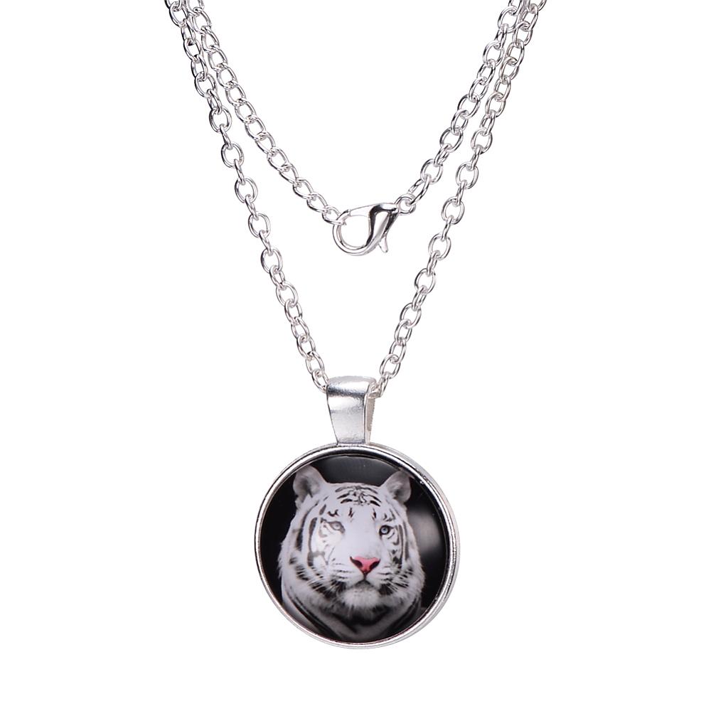 PandaHall Tiger Head Pattern Flat Round Glass Pendant Necklaces, with Alloy Chains, Silver, 18" Alloy Silver