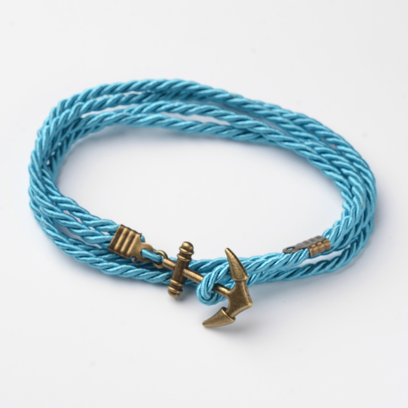 PandaHall Two Loops Polyester Cord Wrap Bracelets, with Anchor Antique Bronze Tone Alloy Findings, DeepSkyBlue, 415x3mm Mixed Material Blue