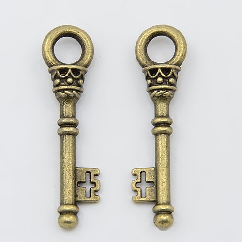 PandaHall Alloy Pendants, Lead Free and Cadmium Free, Key, Antique Bronze Color, about 36mm long, 9mm wide, 6mm thick, hole: 5mm Alloy Key