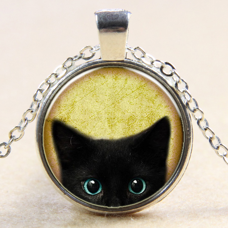 PandaHall Cat Pattern Flat Round Glass Pendant Necklaces, with Alloy Chains, Silver, 18" Alloy