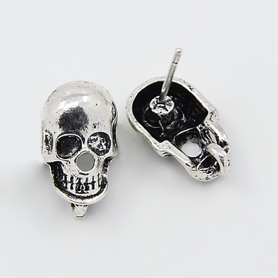 PandaHall Tibetan Style Stud Earring Findings, Lead Free & Nickel Free, Skull, Antique Silver, 16x9mm, Hole: 2mm, Pin: 1mm Alloy