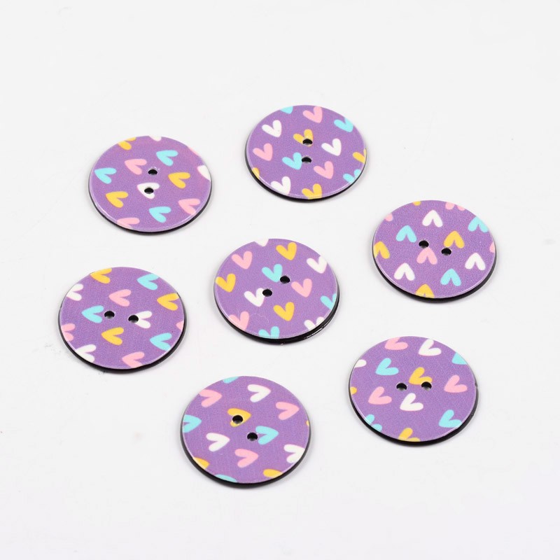 PandaHall 2-Hole Flat Round with Heart Pattern Acrylic Buttons, MediumPurple, 25x2mm, Hole: 2mm Acrylic Flat Round Purple