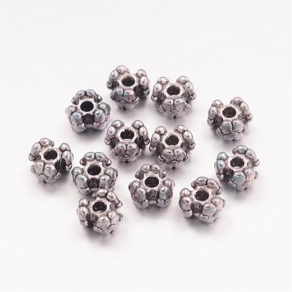 PandaHall Tibetan Style Tri Bead Spacers, Flower, Antique Silver, Lead Free & Nickel Free & Cadmium Free, 6.5x4mm, Hole: 1.5mm Alloy Flower