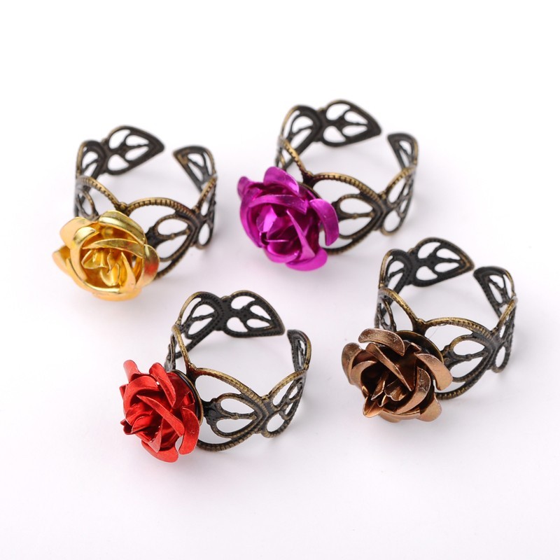 PandaHall Adjustable Aluminum Rose Flower Ring, with Brass Finding, Antique Bronze, Mixed Color, 20mm Aluminum Multicolor