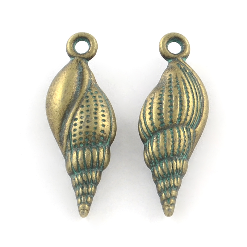 PandaHall Zinc Alloy Pendants, Lead Free, Shell, Antique Bronze & Green Patina, 24x8x4mm, Hole: 1.5mm Alloy Shell