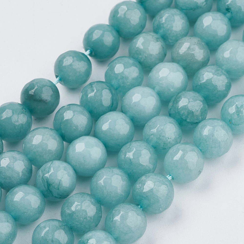 PandaHall Natural Jade Bead Strands, Dyed, Faceted, Round, PaleTurquoise, 8mm; Hole: 1mm; 48pcs/strand, 14.9" Other Jade Round Cyan