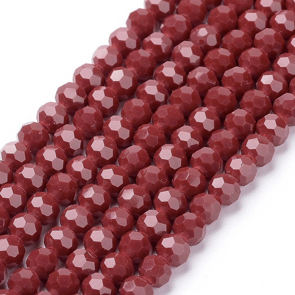 PandaHall Faceted Glass Beads Strands, Round, DarkRed, 4mm, Hole: 1mm; about 100pcs/strand, 13.7" Glass Round Red