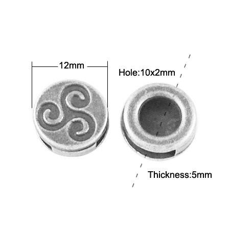 PandaHall Tibetan Style Slide Charms, Lead Free, Flat Round, Antique Silver, 12x5mm, Hole: 10x2mm Alloy Flat Round
