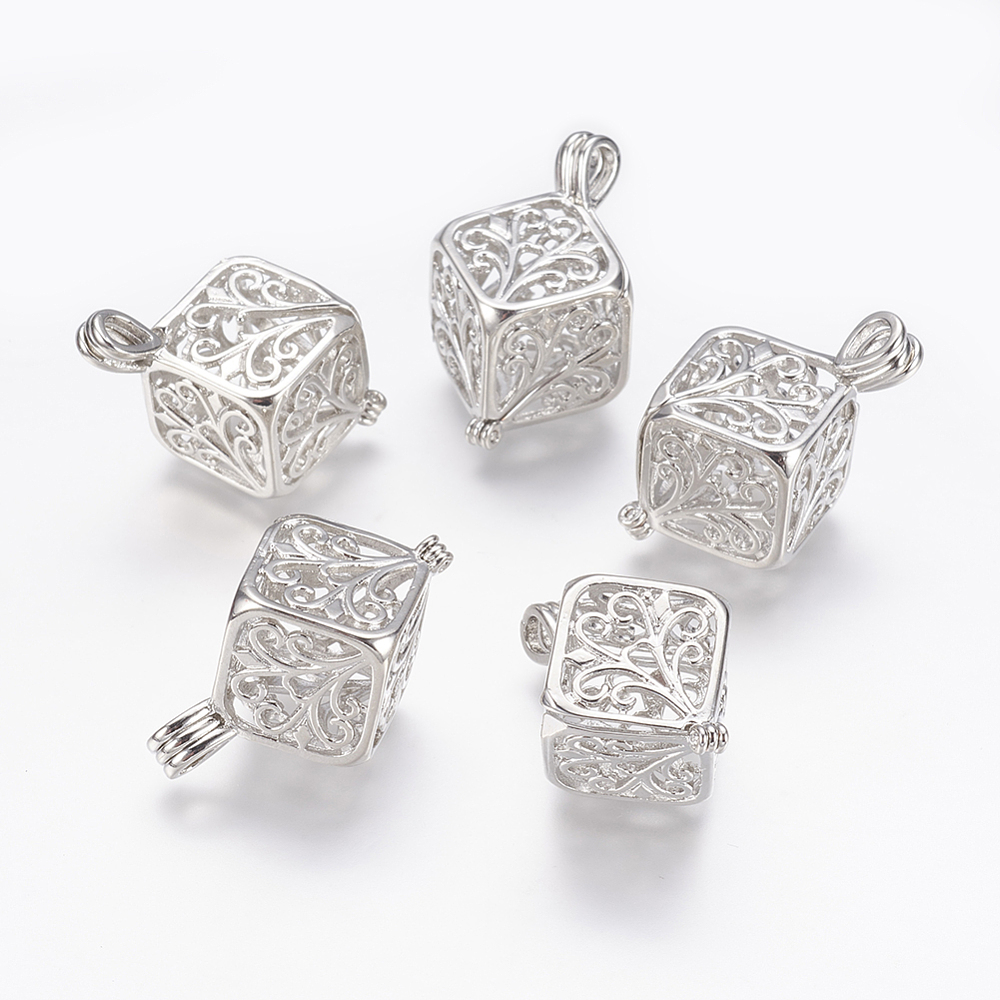 PandaHall Brass Locket Pendants, Cage Pendants, Cube, Filigree, Platinum, 27x17.5x17.5mm, Hole: 2.5x4mm; Inner: 11x15mm Brass Cube