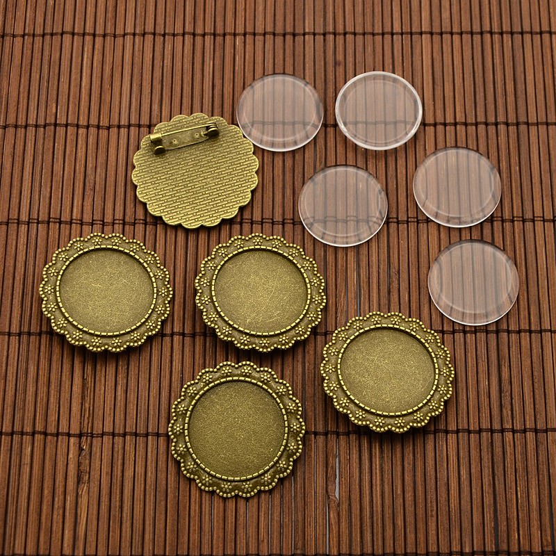 PandaHall 25mm Transparent Glass Cabochons and Vintage Alloy Flower Brooch Cabochon Bezel Settings, Nickel Free, Antique Bronze, Cabochon...