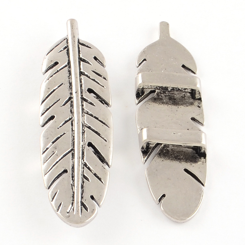 PandaHall Tibetan Style Leaf Slide Charms, Lead Free & Cadmium Free, Antique Silver, 48x14x5.5mm, Hole: 11x2mm Alloy Leaf