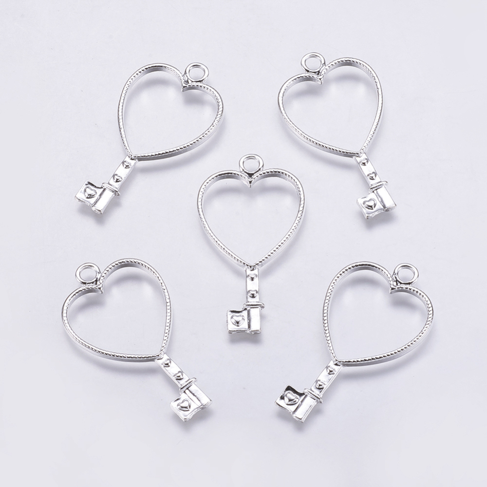 PandaHall Alloy Open Back Bezel Pendants, For DIY Resin, Pressed Flower Jewelry, Heart Key, Silver, 42.5x23x2mm, Hole: 3mm; Inner Diameter...