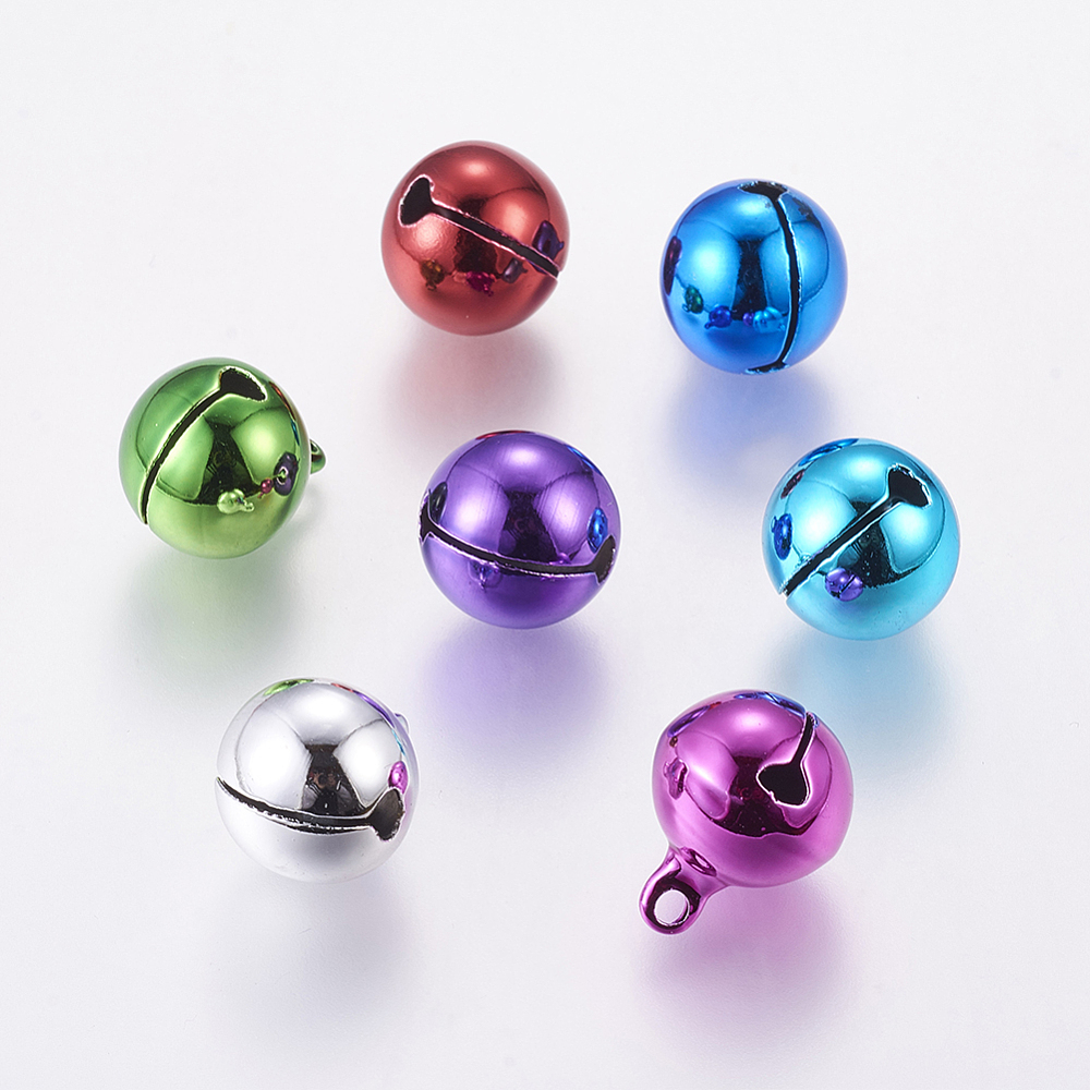 PandaHall Mixed Color Round Brass Bell Pendants For Christmas, Size: about 14mm in diameter, 18mm long, hole: 2mm Brass Round Multicolor