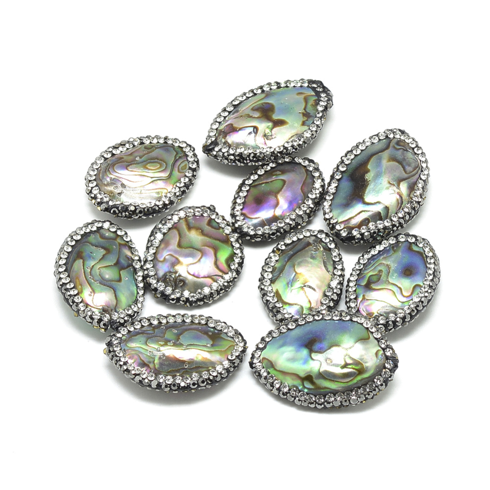 PandaHall Drop Paua Shell Pearl Beads, with Polymer Clay Rhinestone, 24~34x18~22x5~7mm, Hole: 1mm Paua Shell Drop