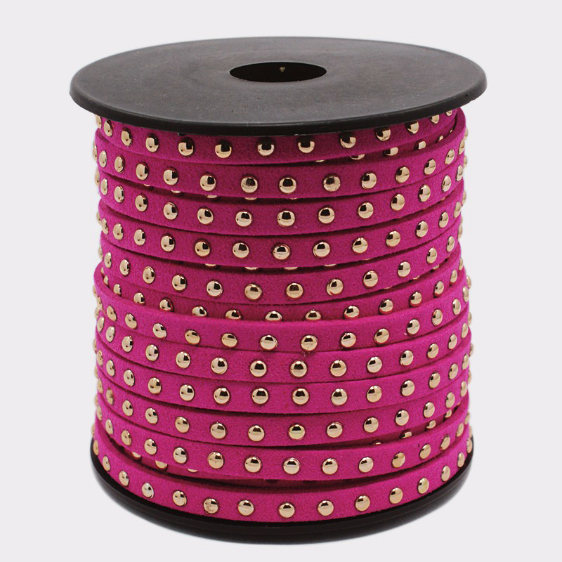 PandaHall Golden Aluminum Studded Korea Faux Suede Cord, Faux Suede Lace, Cerise, 5x2mm; about 20yards/roll Suede Red