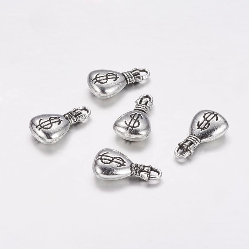 PandaHall Tibetan Style Pendants, Luckybag Carved Dollar Sign, Antique Silver, 17x10x4mm, Hole: 2mm Alloy Bag