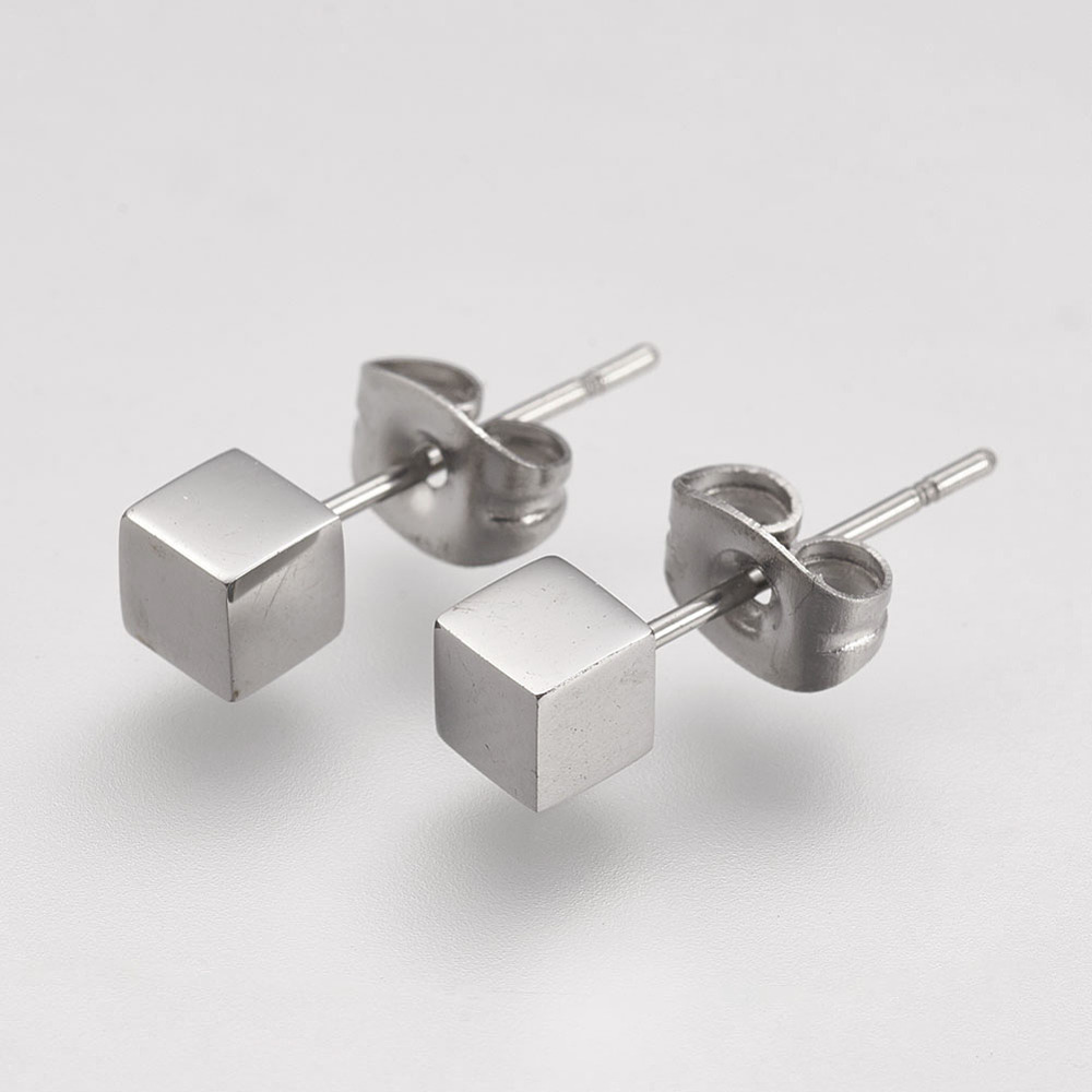 PandaHall 304 Stainless Steel Ear Studs, Cube, Stainless Steel Color, 4x4x4mm, pin: 0.7mm Stainless Steel