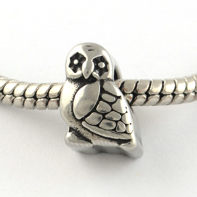 PandaHall Vintage Owl 316 Stainless Steel European Beads, Large Hole Beads, Antique Silver, 11x8x9mm, Hole: 5mm Stainless Steel Owl
